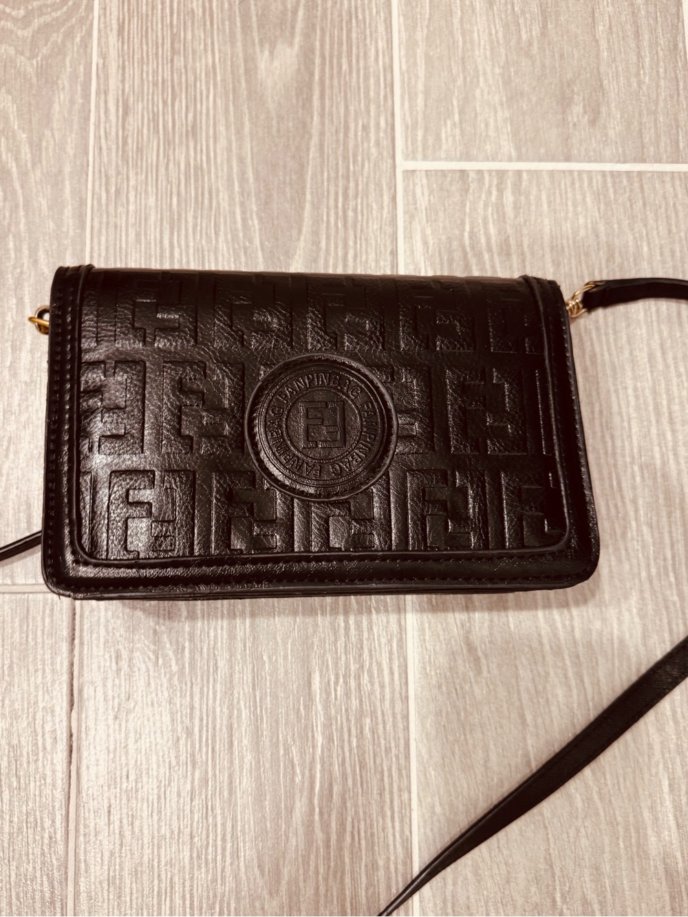 Black Embossed Crossbody Bag with Logo Medallion